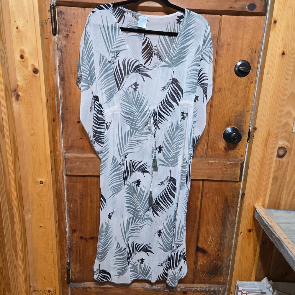 Kona Sol Women Small White Tropical Palm Leaf Drawstring Kaftan Swim Cover Up